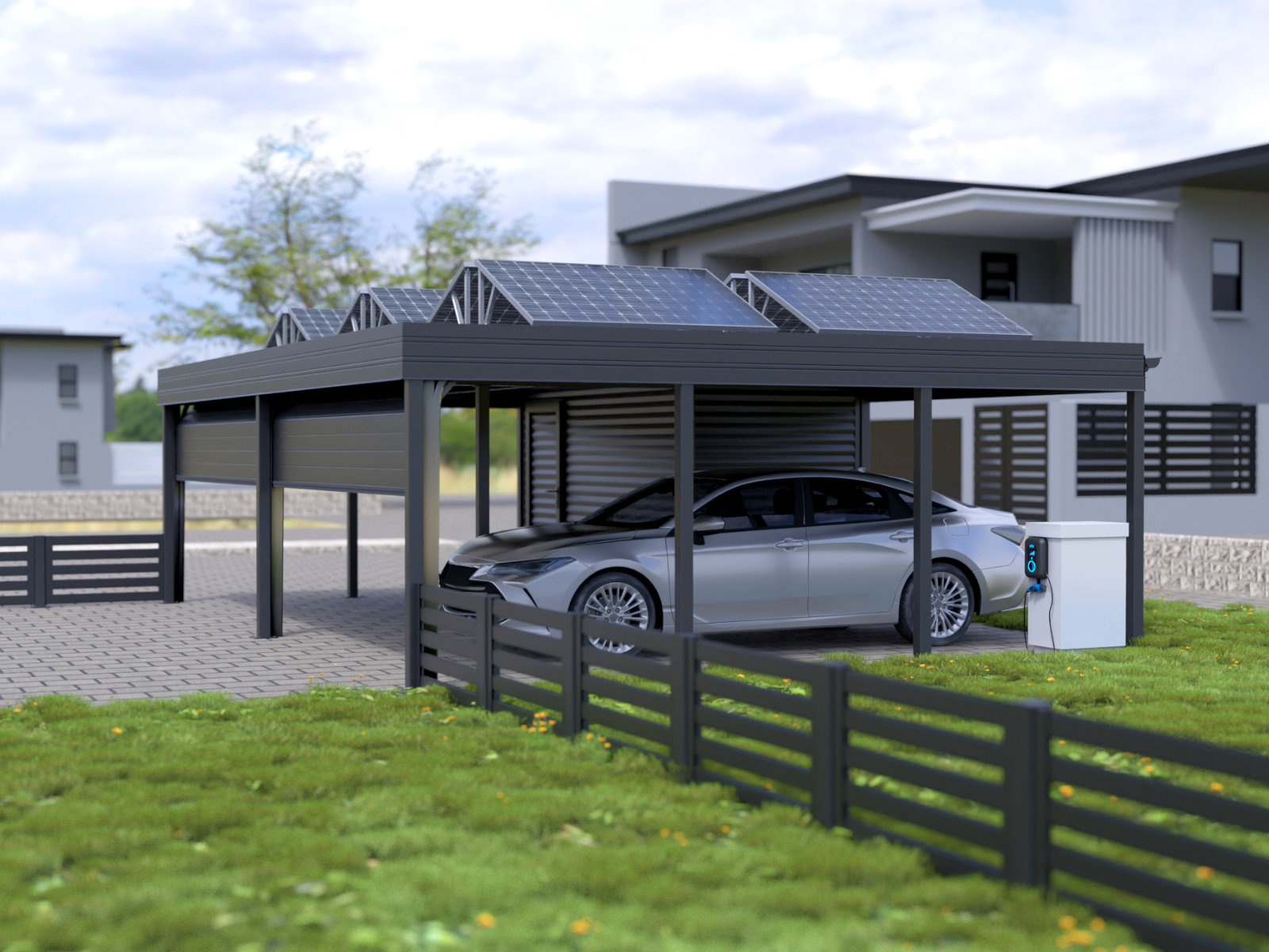 Carport mit Photovoltaik-Dach und Garagentor, stabil gegen Wind- und Schneelasten