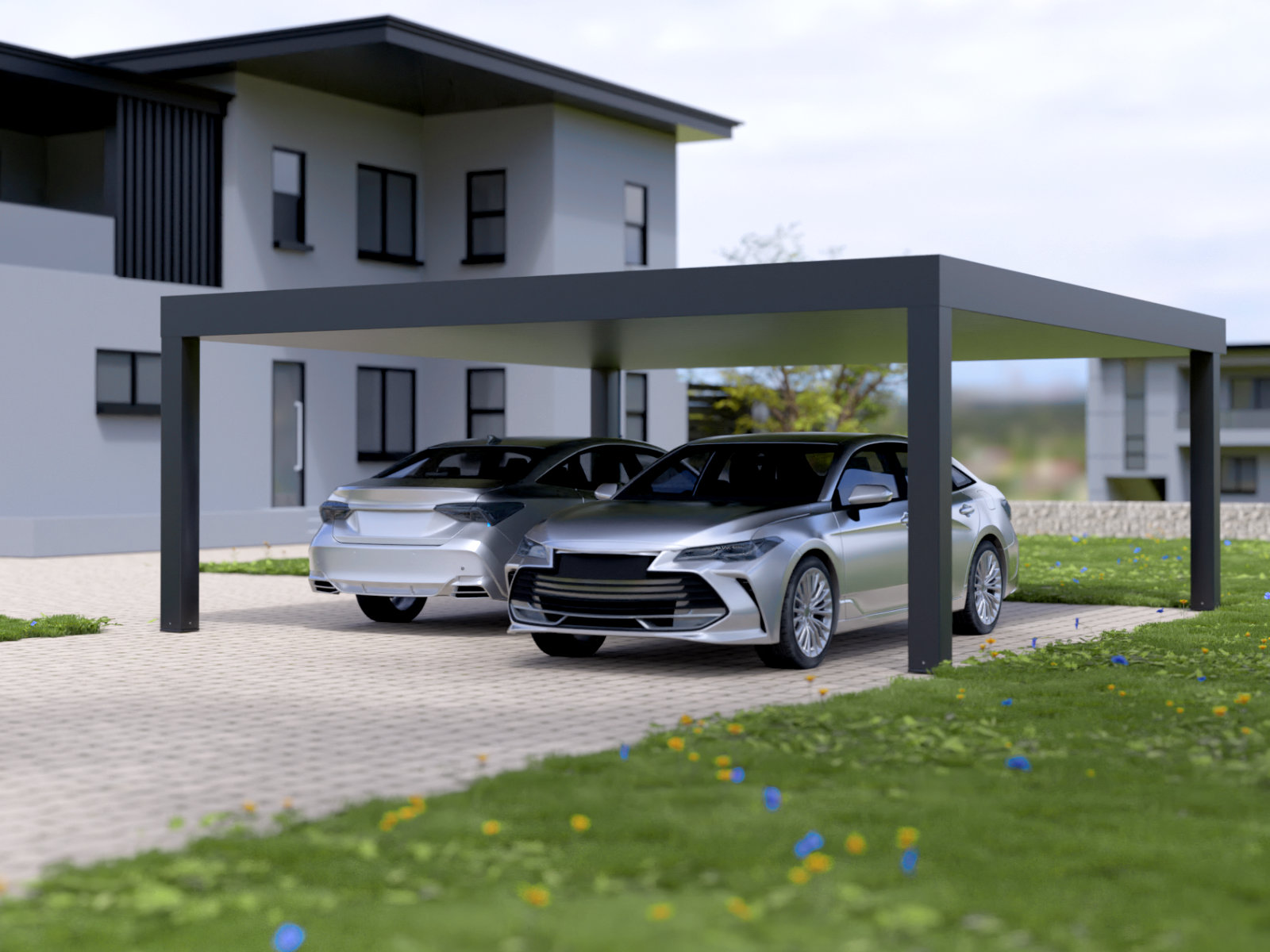 Ein Carport vorbereitet für die Installation von Beleuchtung, steht neben einem Einfamilienhaus