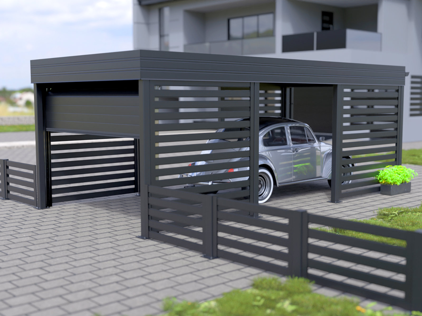 Metall-Carport mit seitlichen Sichtschutzwänden und klassischem Volkswagen Käfer