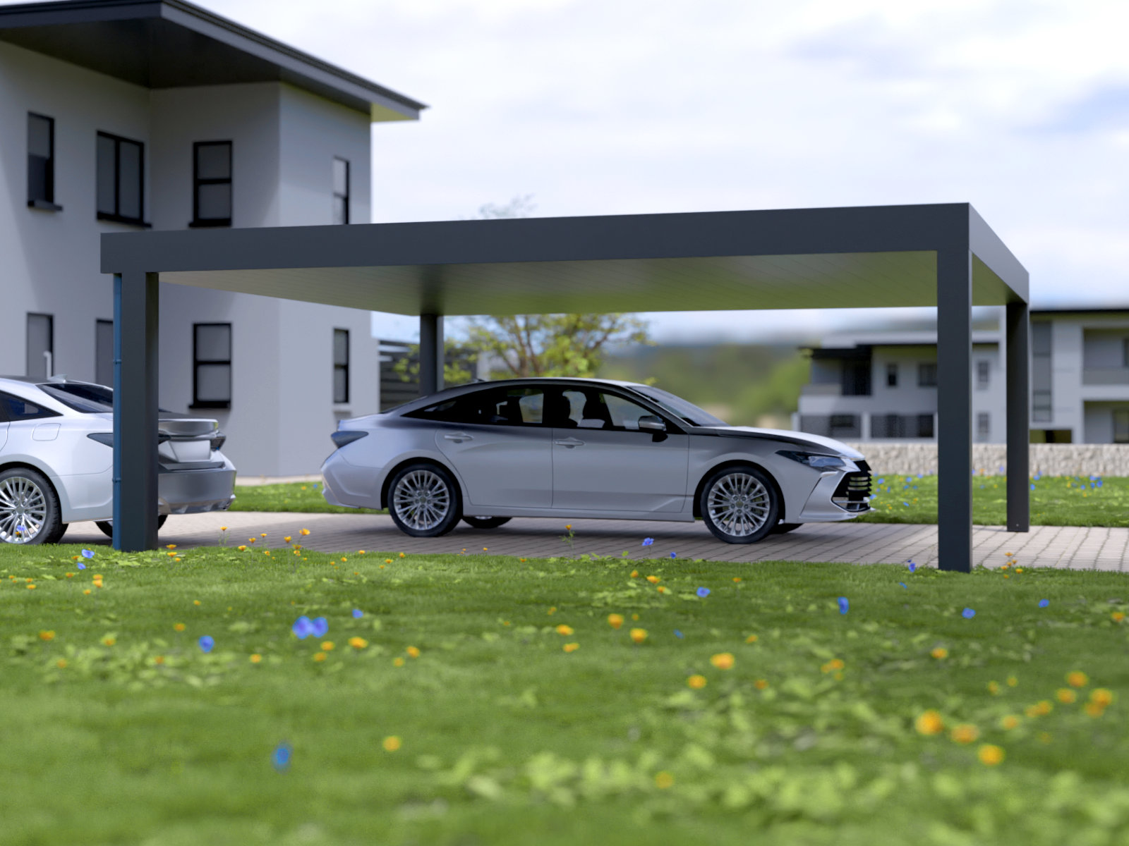 Moderne Auto-Carport Doppelstellplatz vor einem Haus