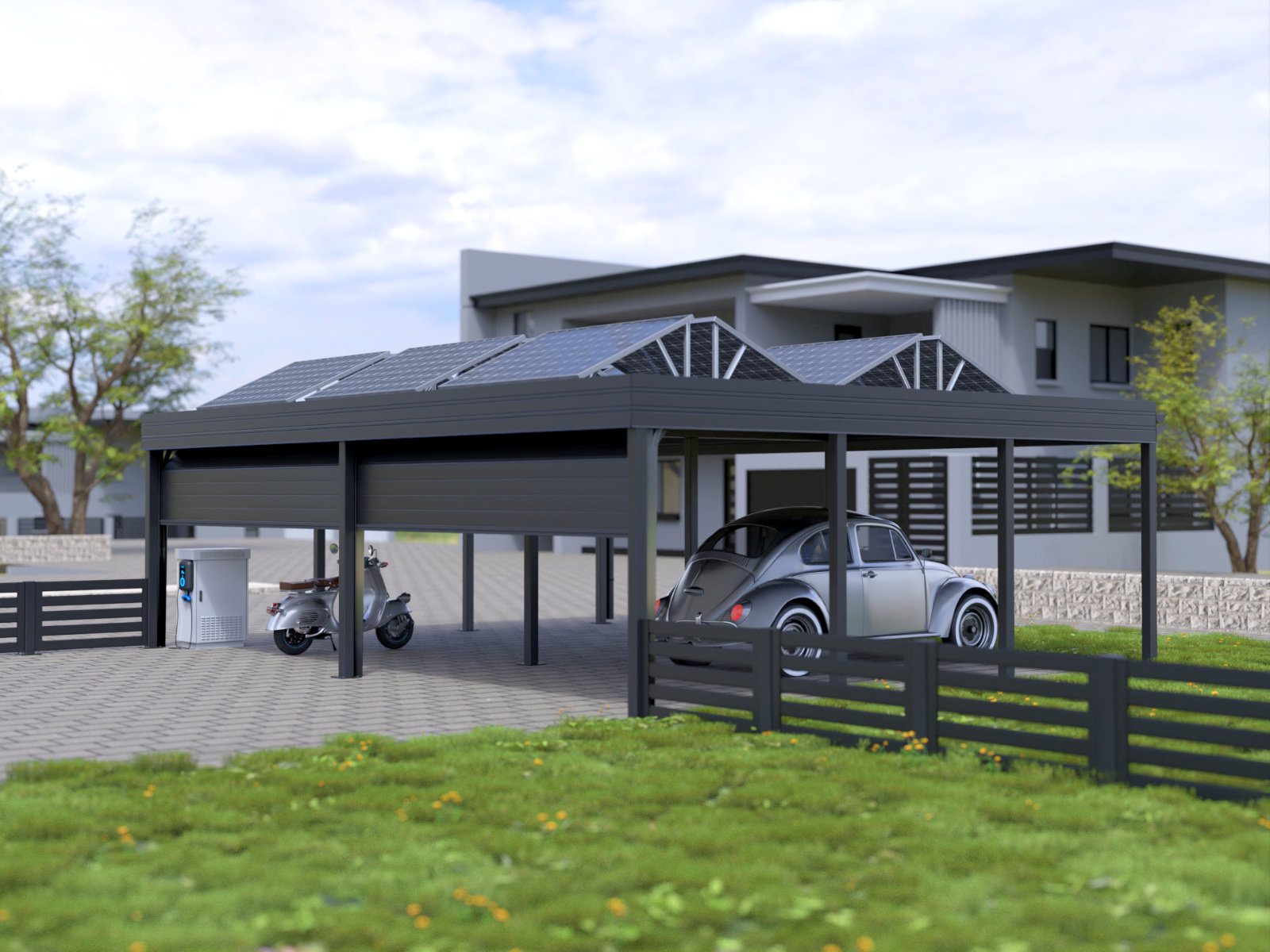Solarbetriebene Überdachung mit integriertem Garagentor, Ladestation und geparktem klassischen Auto